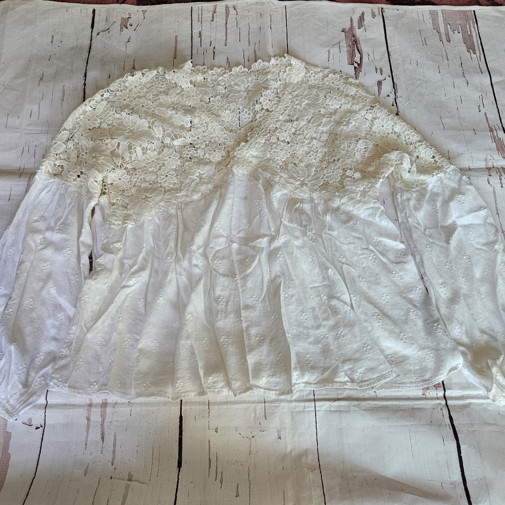 Free People Women's White Lace Pheasant Long Sleeve Top Size Large